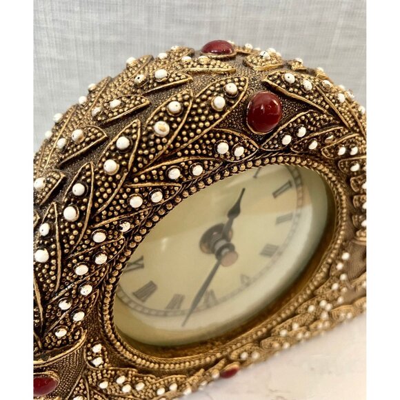 Vintage Mantle Clock with Enameled Metal and Embedded Beads & Roman Numerals. - Picture 9 of 9